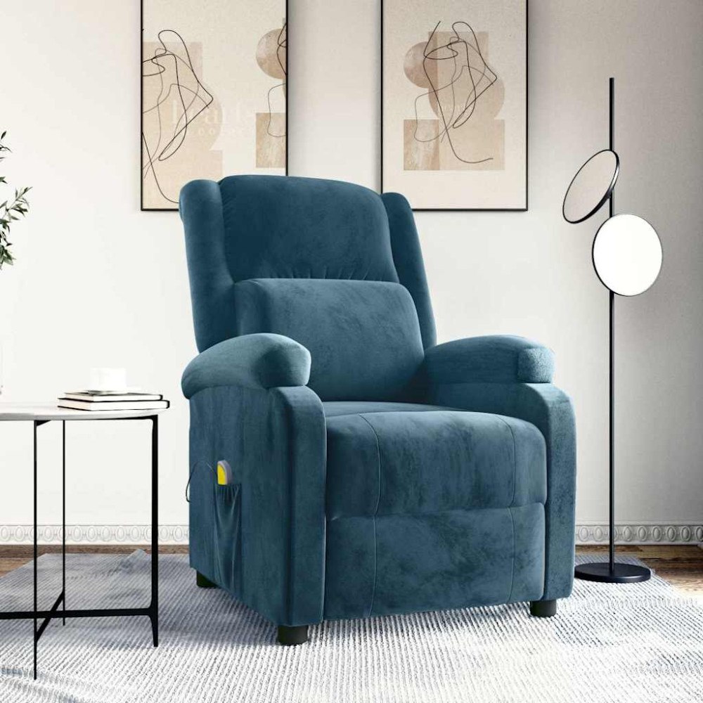 vidaXL Massagefåtölj blå sammet