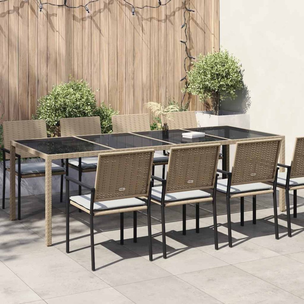 vidaXL Trädgårdsbord beige 250x100x75 cm härdat glas och konstrotting