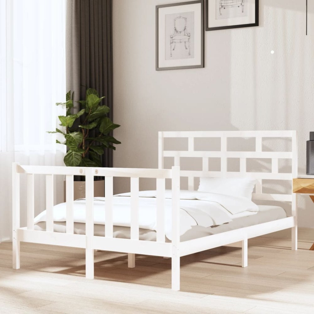 vidaXL Sängram vit massiv furu 135x190 cm