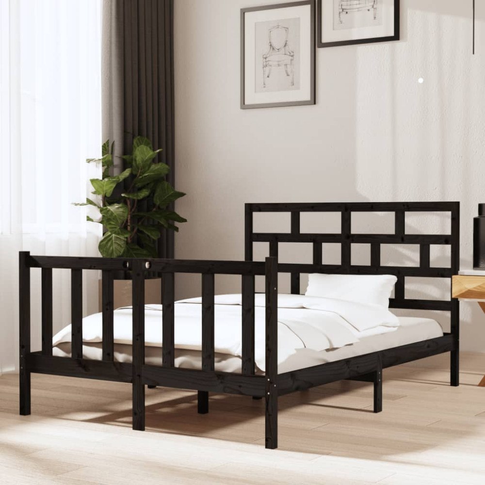vidaXL Sängram svart massiv furu 135x190 cm