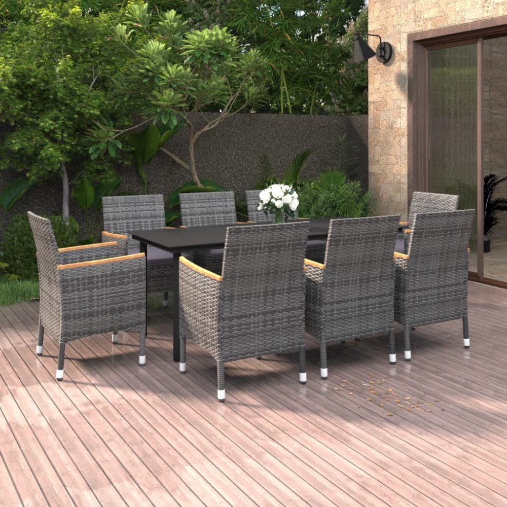 vidaXL Matgrupp för trädgården med dynor 9 delar konstrotting och glas