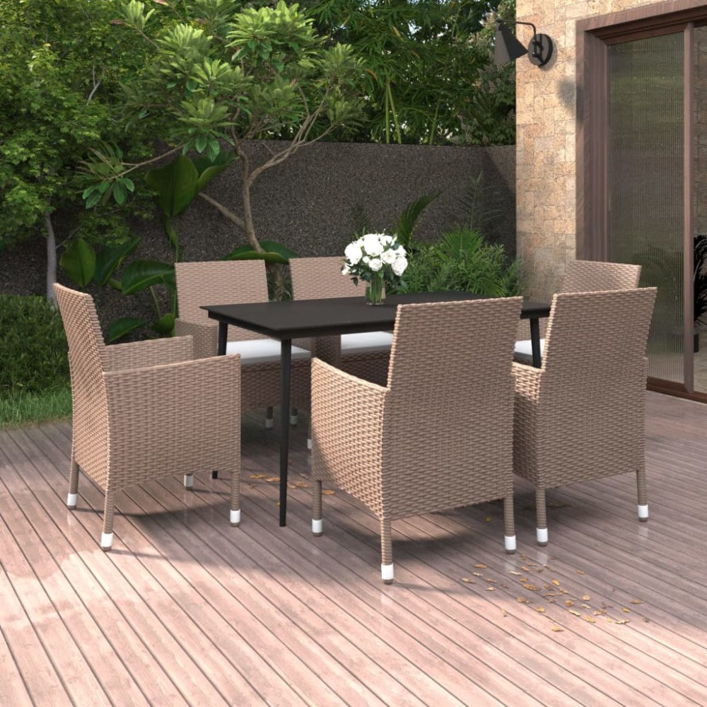 vidaXL Matgrupp för trädgården med dynor 7 delar konstrotting och glas