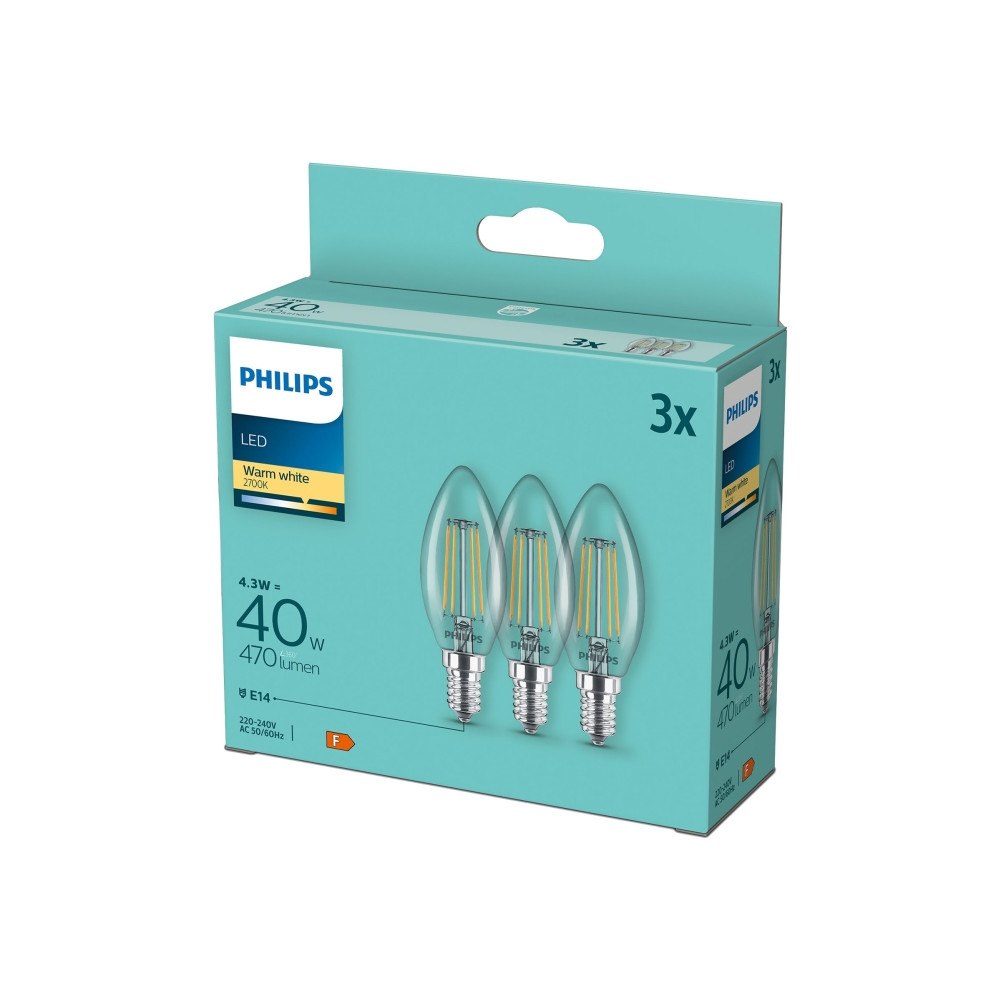 Philips Philips - LED-glödlampa med filament - form: B35 - klar finish - E14 - 4.3 W - varmt vitt ljus - 2700 K (paket om 3)
