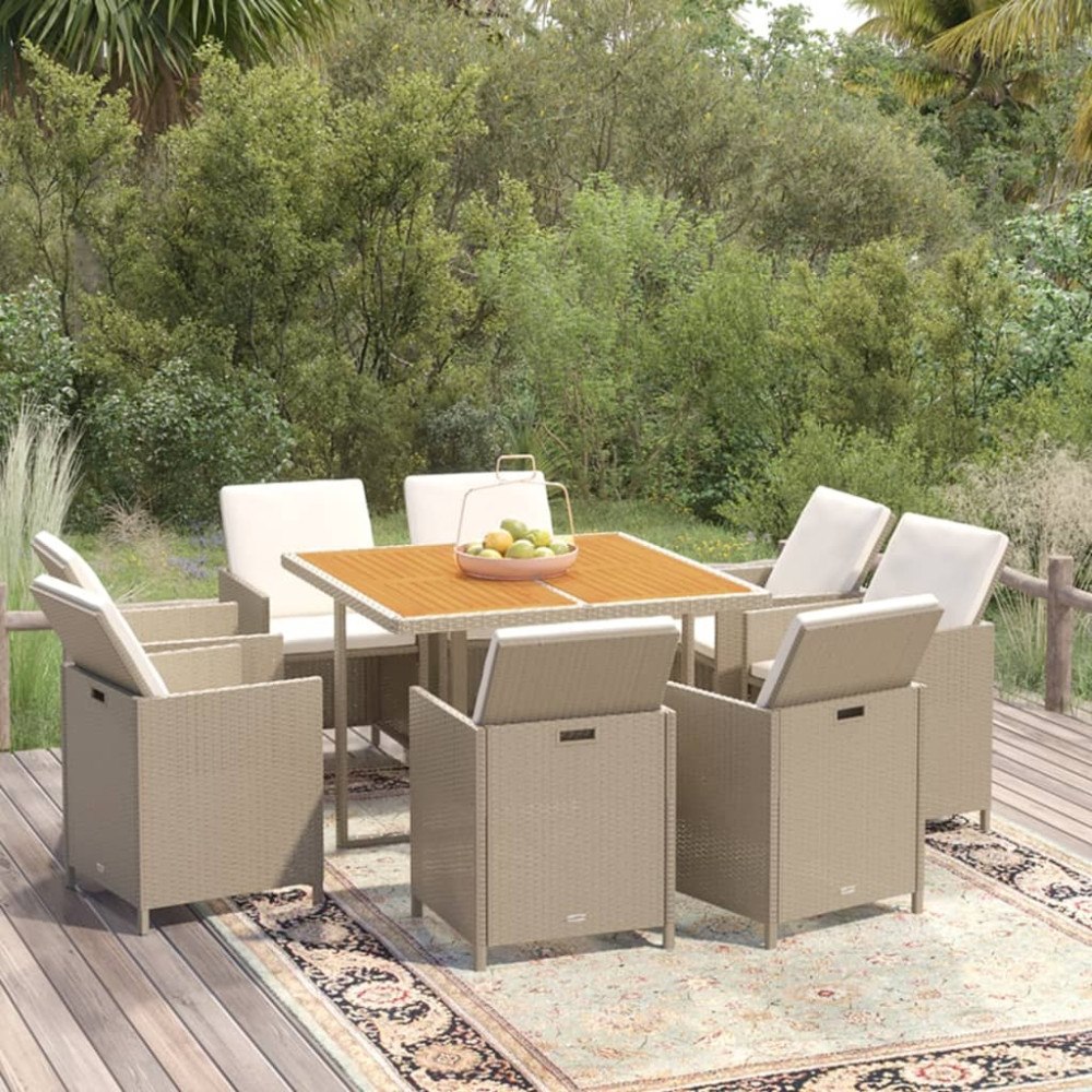 vidaXL Matgrupp för trädgården med dynor 9 delar konstrotting beige