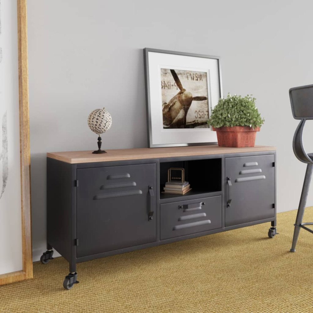 vidaXL Tv-bänk svart 110x30x43 cm järn och massivt granträ