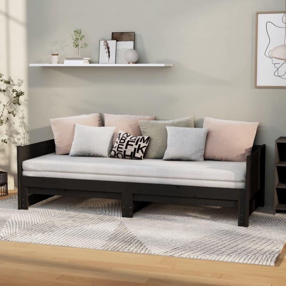 vidaXL Utdragbar dagbädd svart massiv furu 2x(90x190) cm