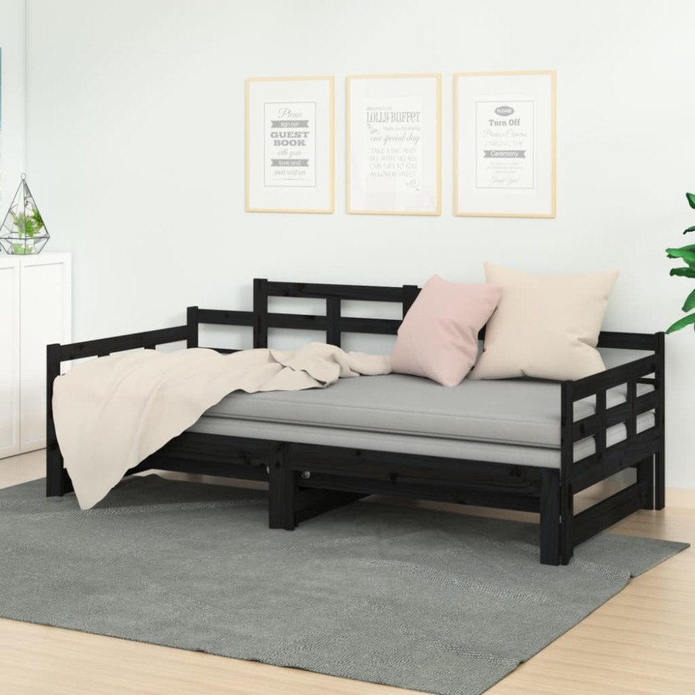 vidaXL Bäddsoffa svart massiv furu 2x(90x200) cm