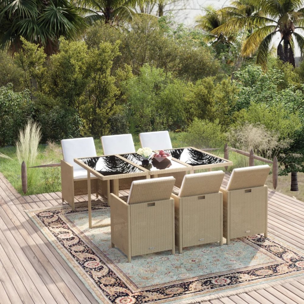 vidaXL Matgrupp för trädgården med dynor 7 delar konstrotting beige
