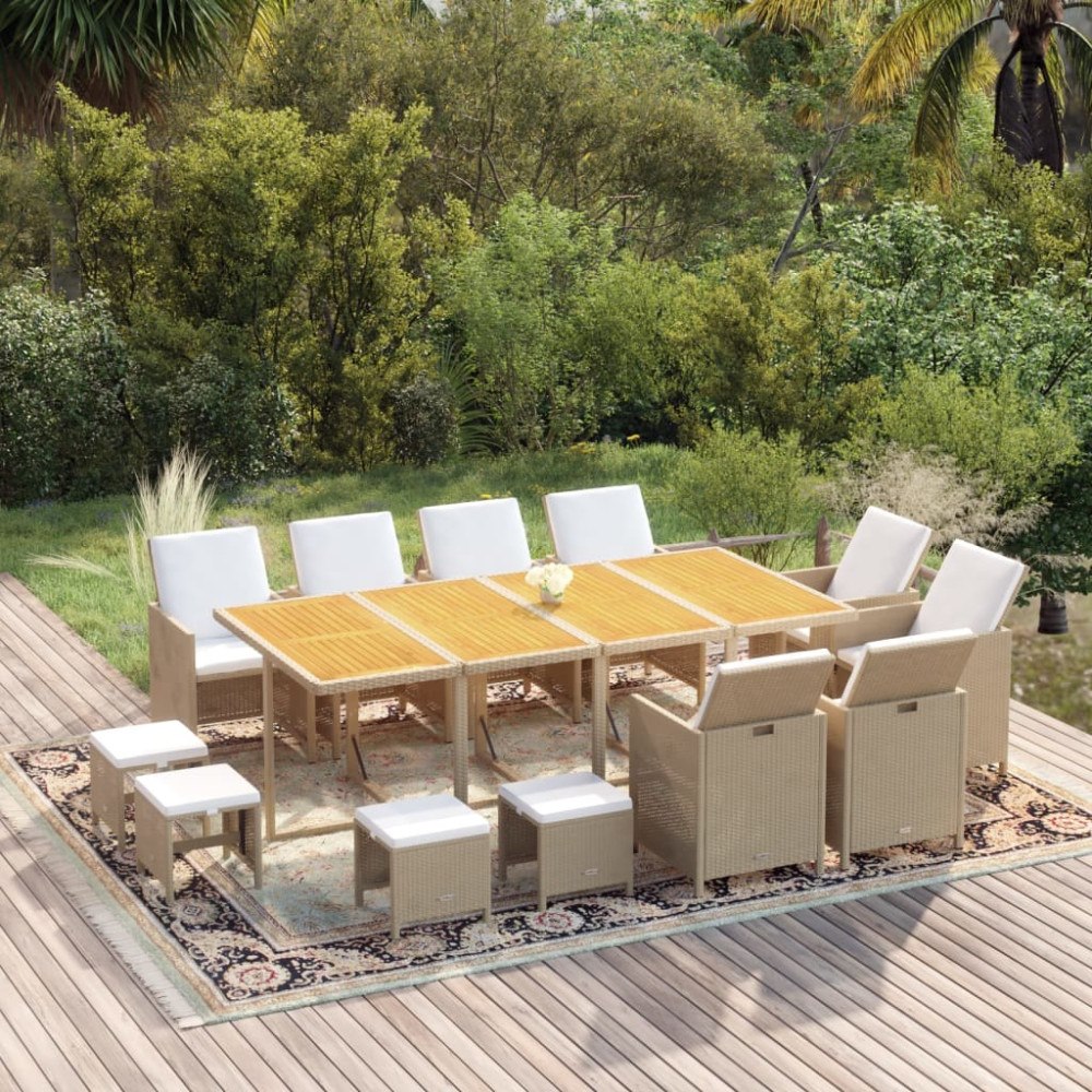 vidaXL Matgrupp för trädgården med dynor 13 delar konstrotting beige