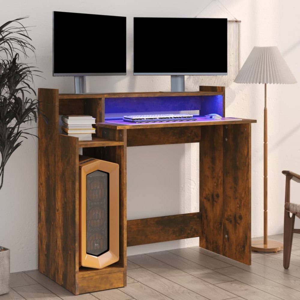 vidaXL Skrivbord med LED rökfärgad ek 97x45x90 cm konstruerat trä
