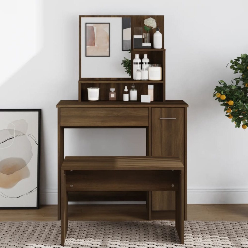 vidaXL Sminkbord med spegel brun ek 86,5x35x136 cm