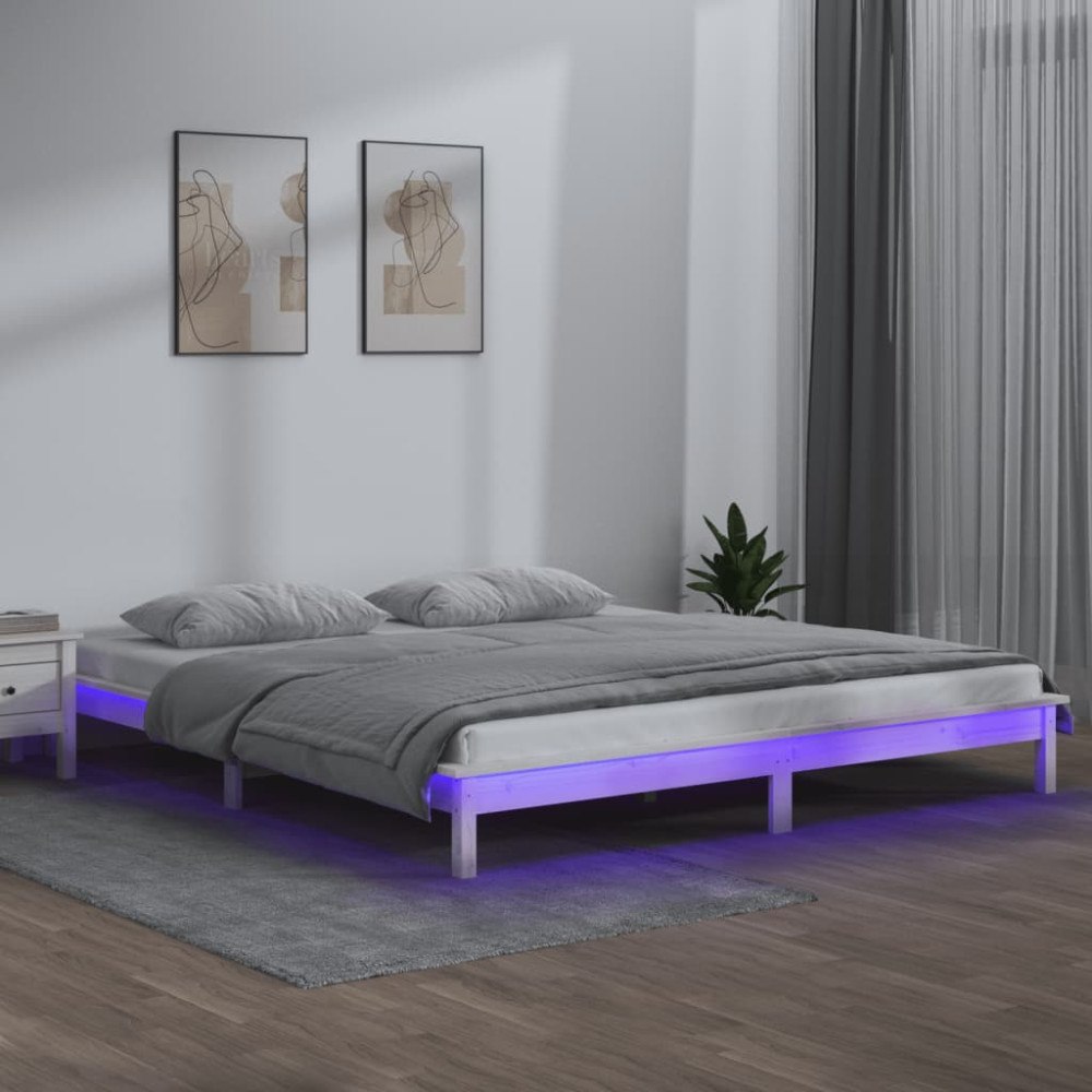 vidaXL Sängram LED vit 150x200 cm massivt trä