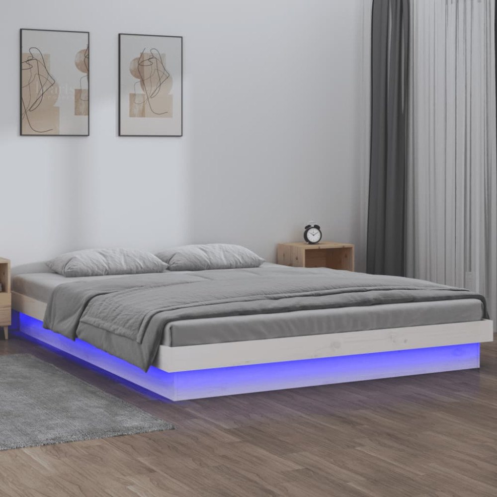 vidaXL Sängram LED vit 150x200 cm massivt trä