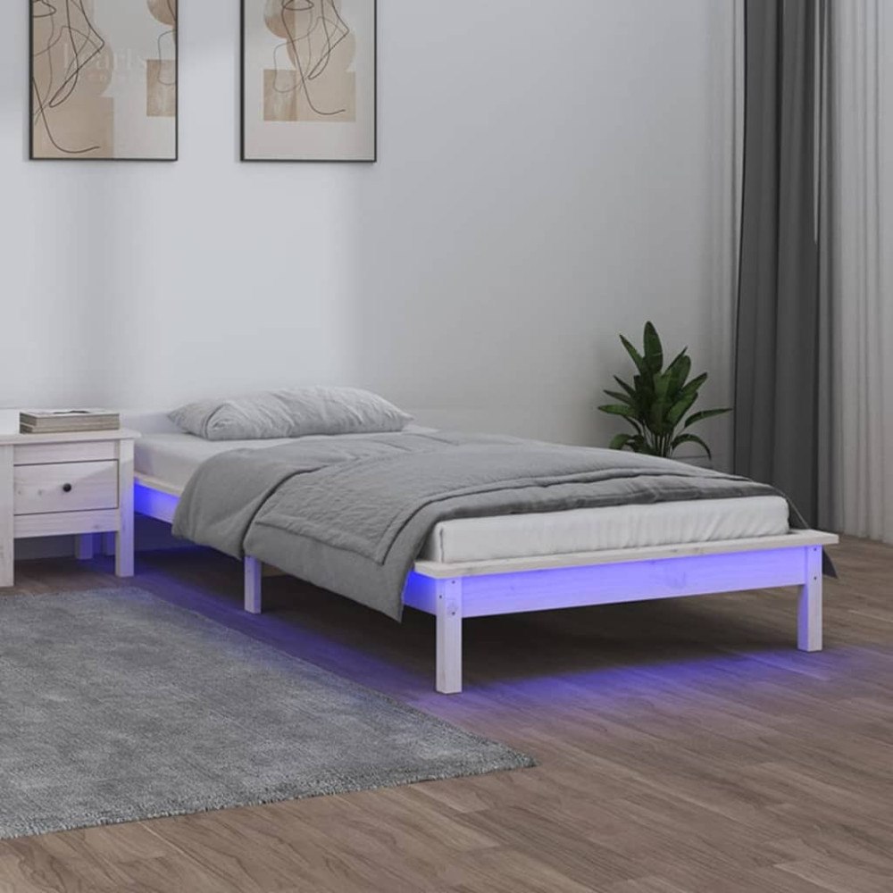 vidaXL Sängram med LED 90x200 cm massivt trä vit