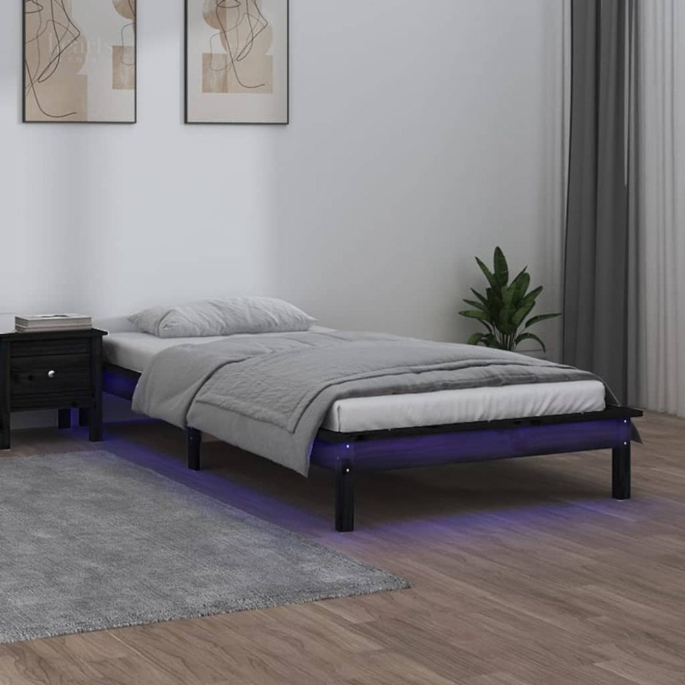 vidaXL Sängram med LED 90x200 cm massivt trä svart