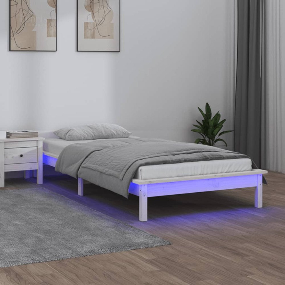 vidaXL Sängram med LED 100x200 cm massivt trä vit