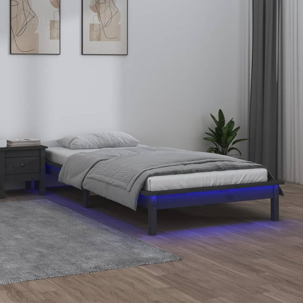 vidaXL Sängram LED grå 100x200 cm massivt trä