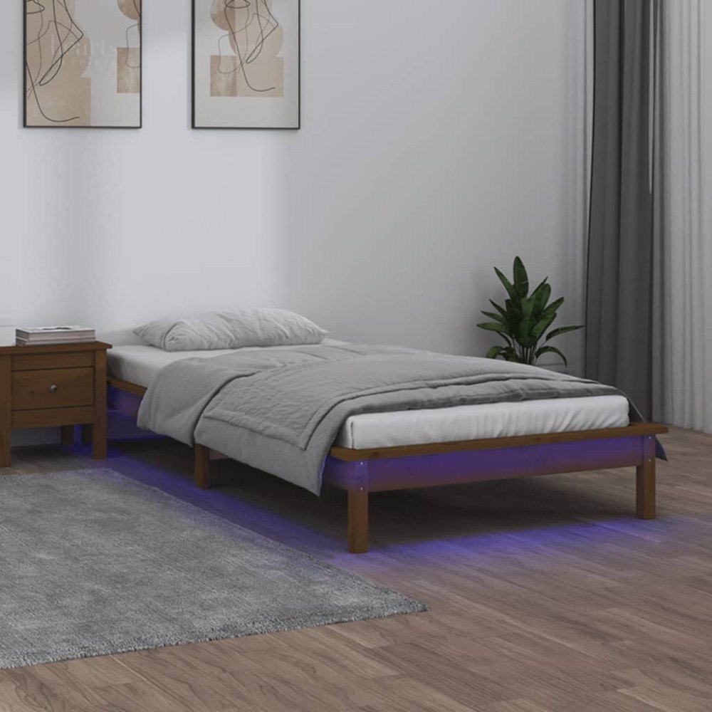 vidaXL Sängram med LED 90x200 cm massivt trä honungsbrun