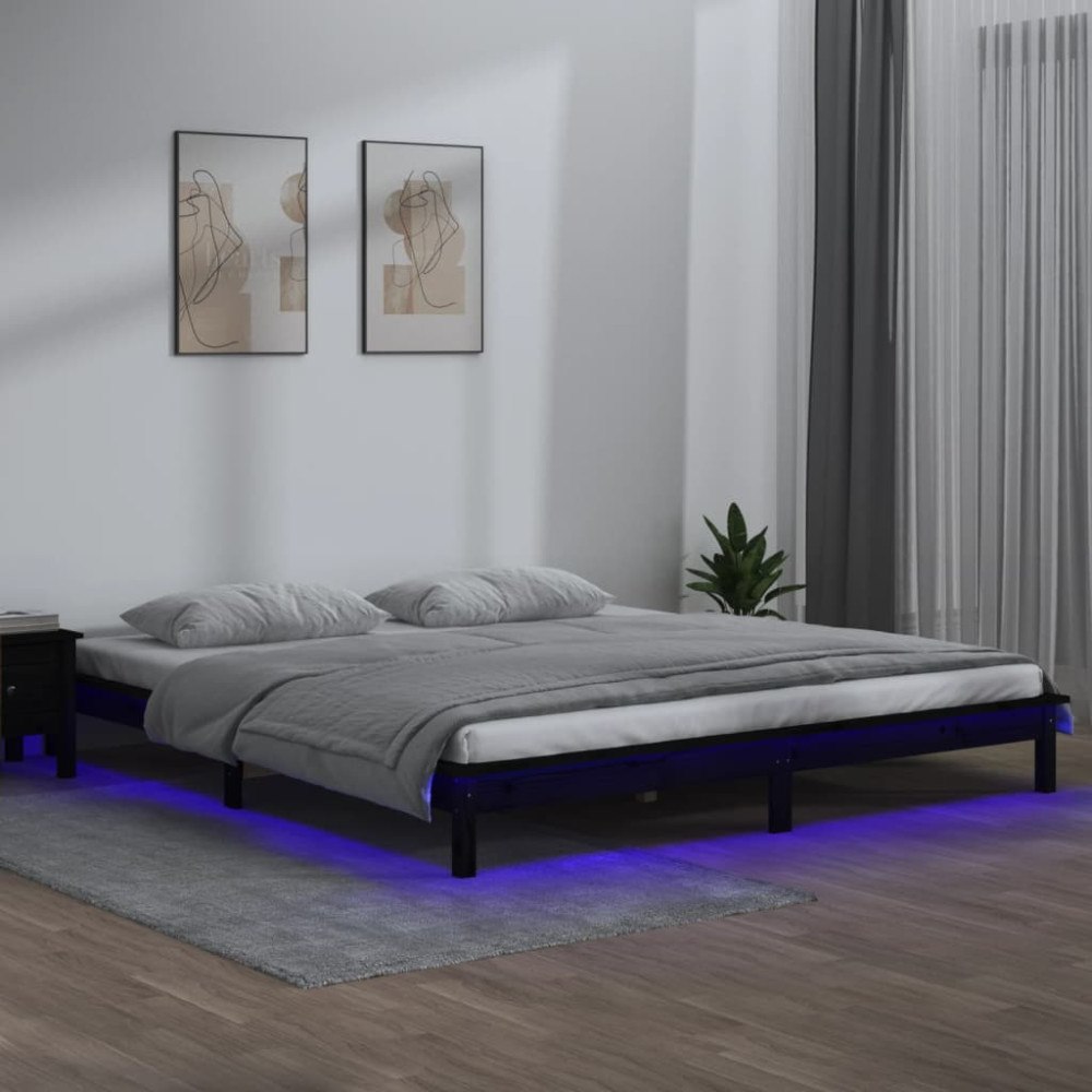 vidaXL Sängram LED svart 200x200 cm massivt trä