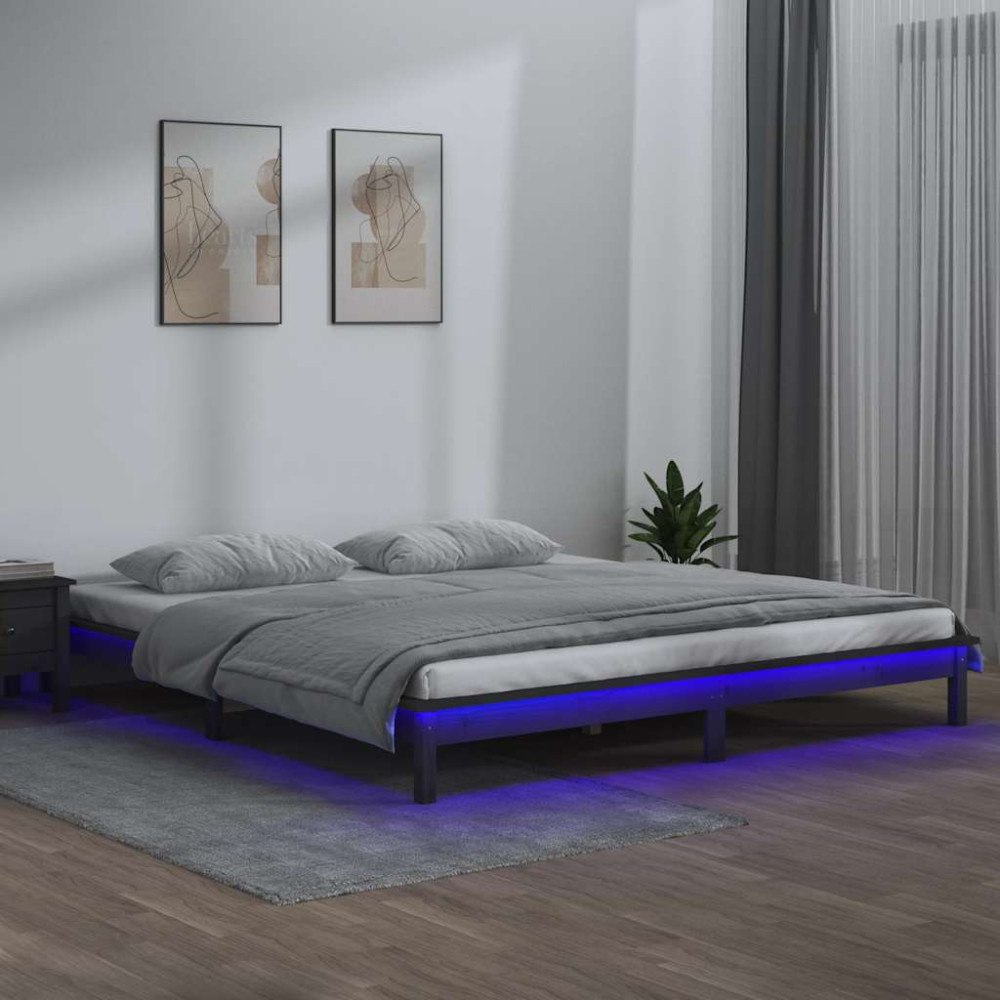 vidaXL Sängram LED grå 120x190 cm massivt trä