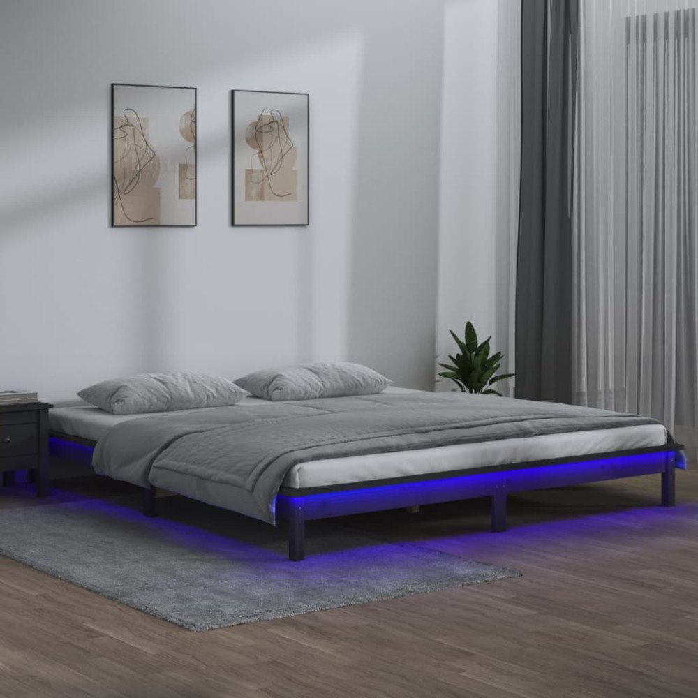 vidaXL Sängram LED grå 140x190 cm massivt trä