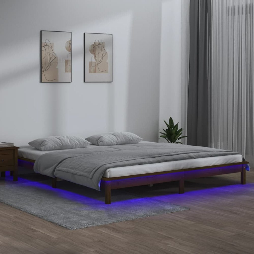 vidaXL Sängram LED honungsbrun 140x190 cm massivt trä