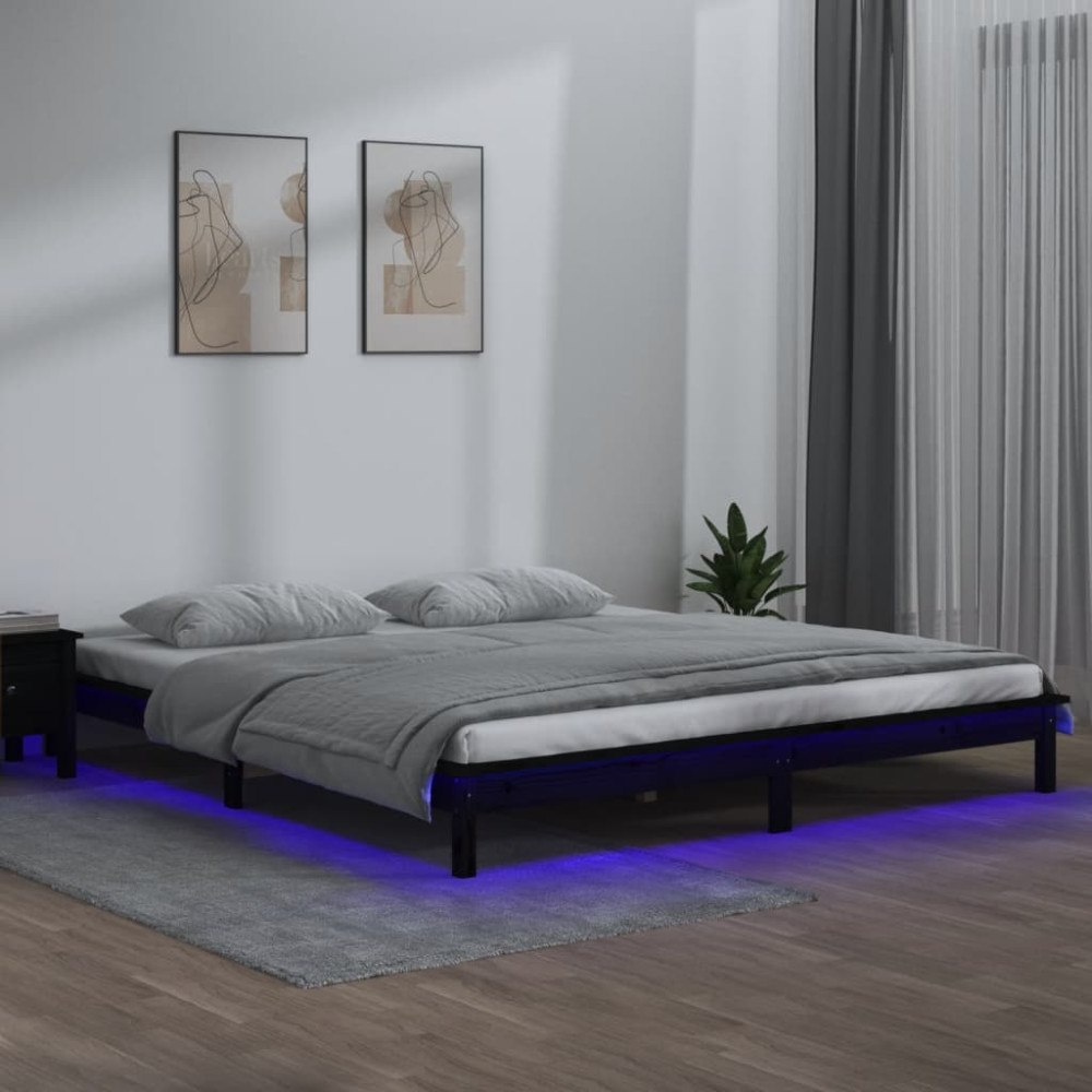 vidaXL Sängram LED svart 140x190 cm massivt trä