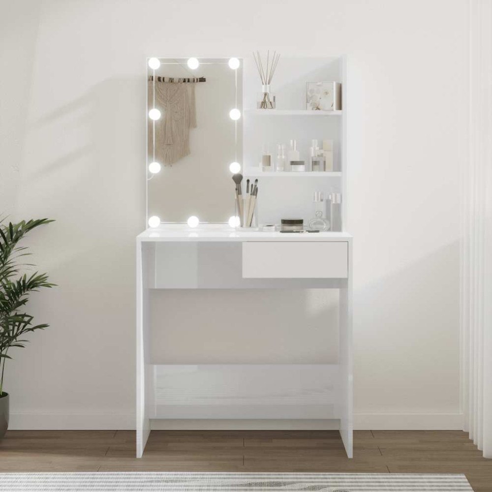 vidaXL Sminkbord med LED vit högglans 74,5x40x141 cm