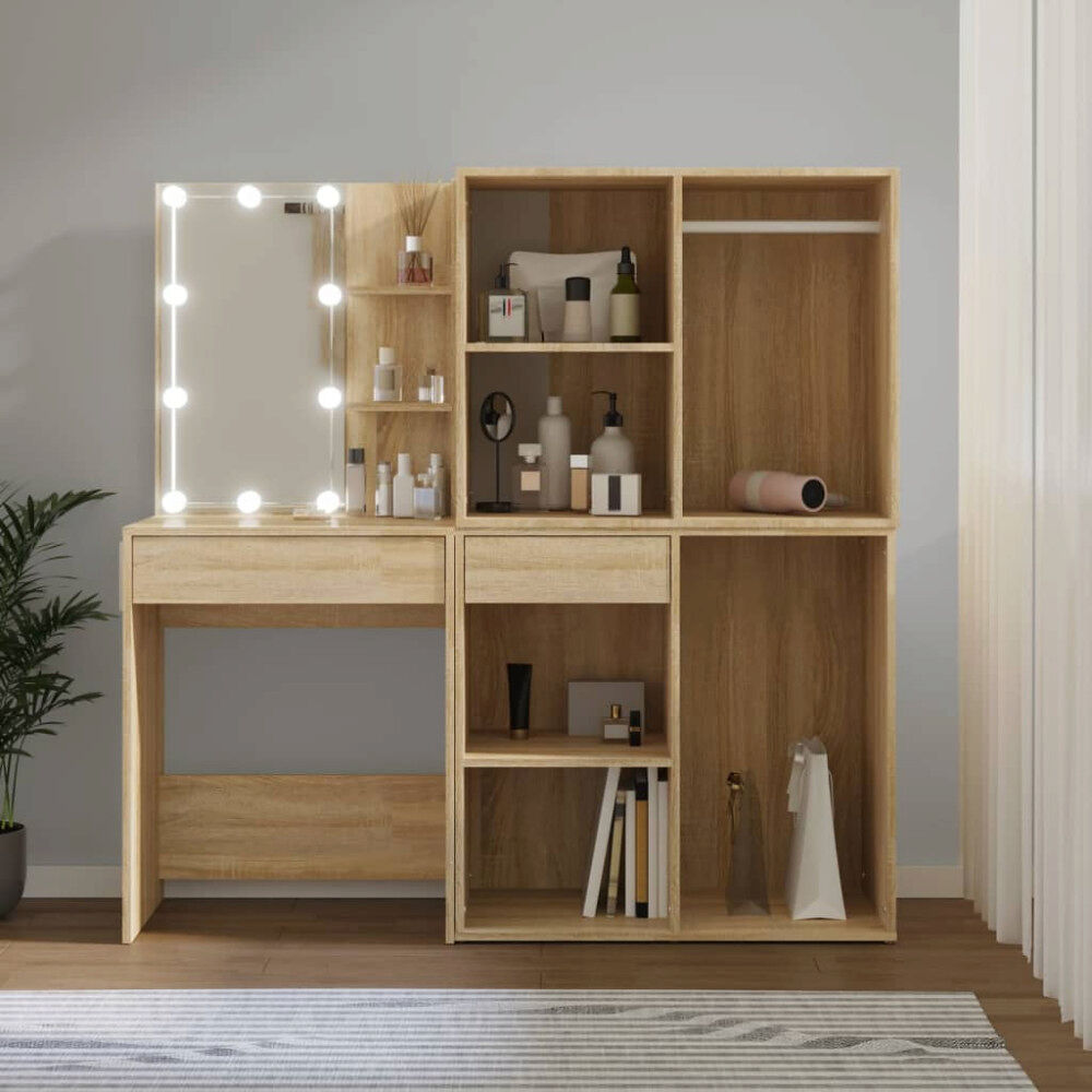 vidaXL Sminkbord LED med 2 skåp sonoma-ek konstruerat trä