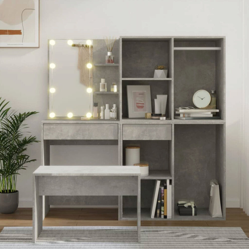 vidaXL Sminkbord LED betonggrå konstruerat trä