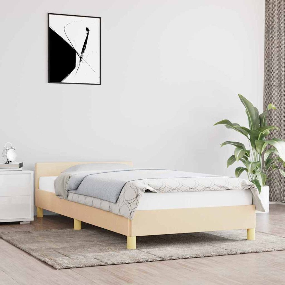 vidaXL Sängram med huvudgavel utan madrass gräddvit 90x190 cm tyg