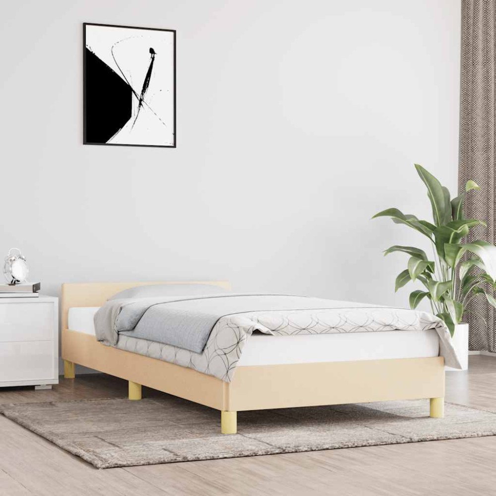 vidaXL Sängram med huvudgavel utan madrass gräddvit 90x200 cm tyg