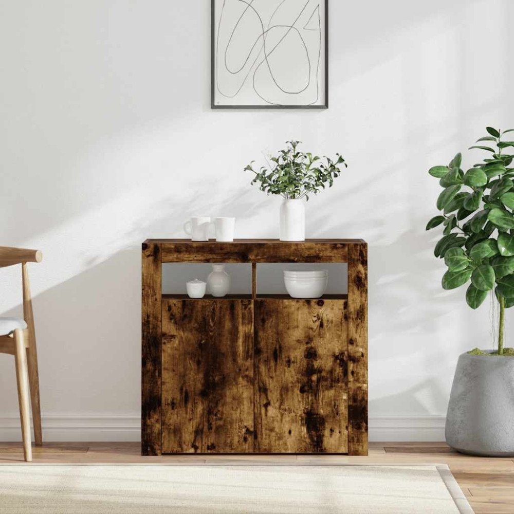vidaXL Skänk med LED-belysning rökfärgad ek 80x35x75 cm