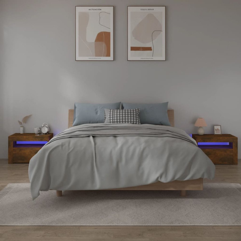 vidaXL Sängbord 2 st med LED-belysning rökfärgad ek 60x35x40 cm