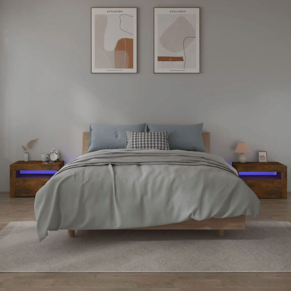 vidaXL Sängbord 2 st med LED-belysning rökfärgad ek 60x35x40 cm