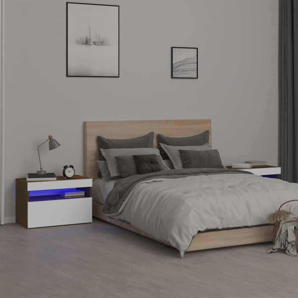 vidaXL Sängbord 2 st med LED-belysning rökfärgad ek 60x35x40 cm