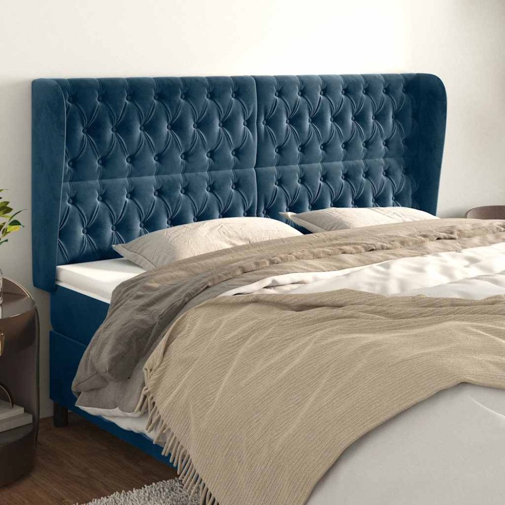 vidaXL Sänggavel med kanter mörkblå 203x23x118/128 cm sammet