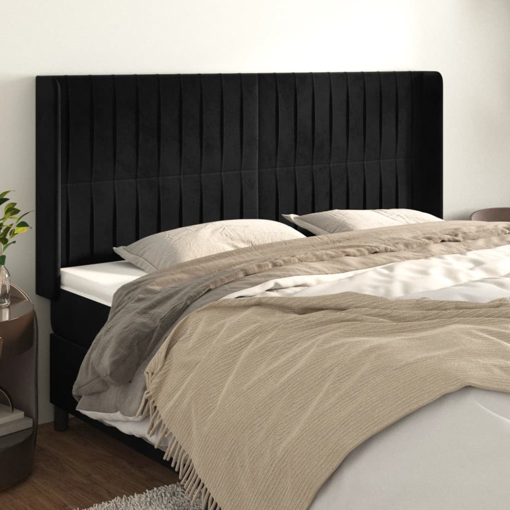 vidaXL Sänggavel med kanter svart 203x16x118/128 cm sammet