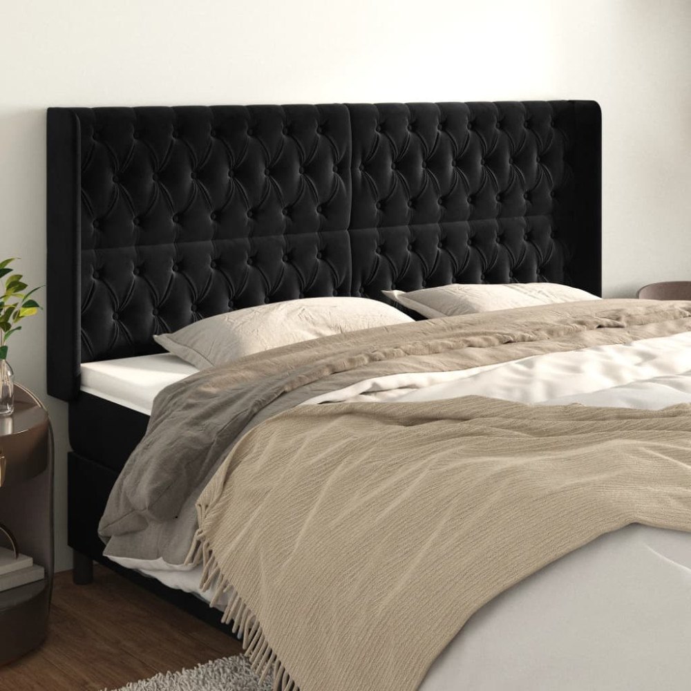 vidaXL Sänggavel med kanter svart 183x16x118/128 cm sammet