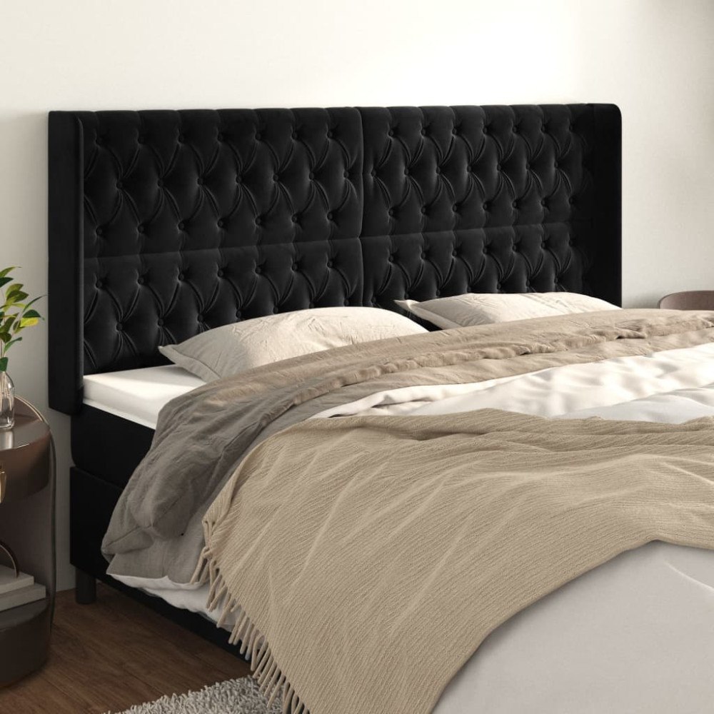 vidaXL Sänggavel med kanter svart 203x16x118/128 cm sammet