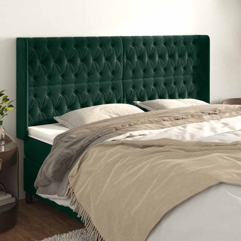vidaXL Sänggavel med kanter mörkgrön 203x16x118/128 cm sammet