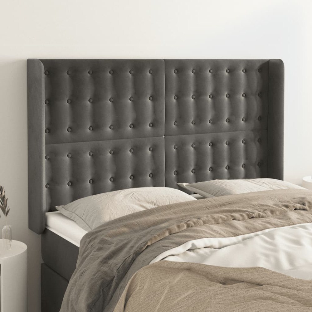vidaXL Sänggavel med kanter mörkgrå 147x16x118/128 cm sammet