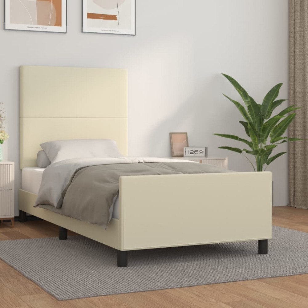 vidaXL Sängram med huvudgavel gräddvit 90x190 cm konstläder