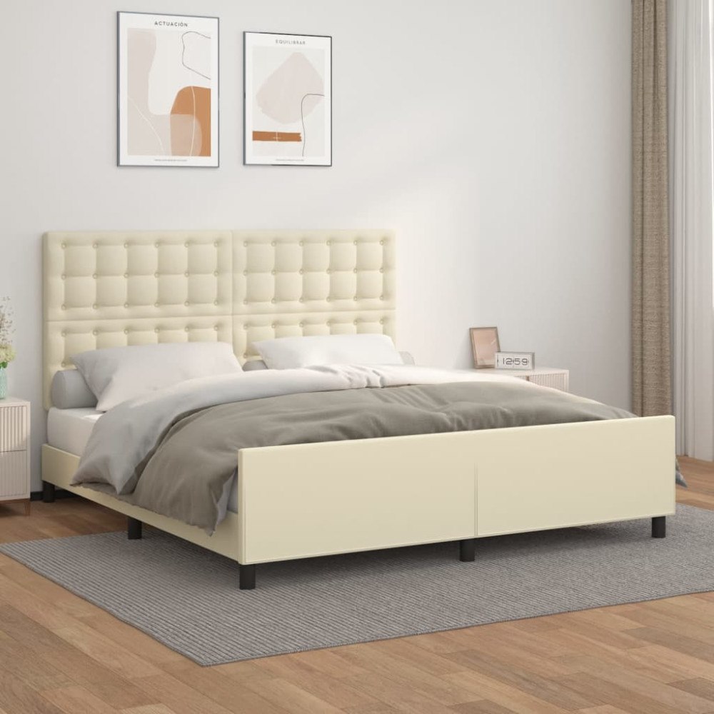 vidaXL Sängram med huvudgavel gräddvit 160x200 cm konstläder