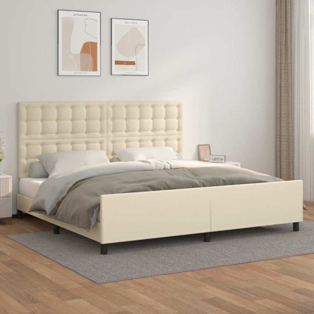 vidaXL Sängram med huvudgavel gräddvit 200x200 cm konstläder