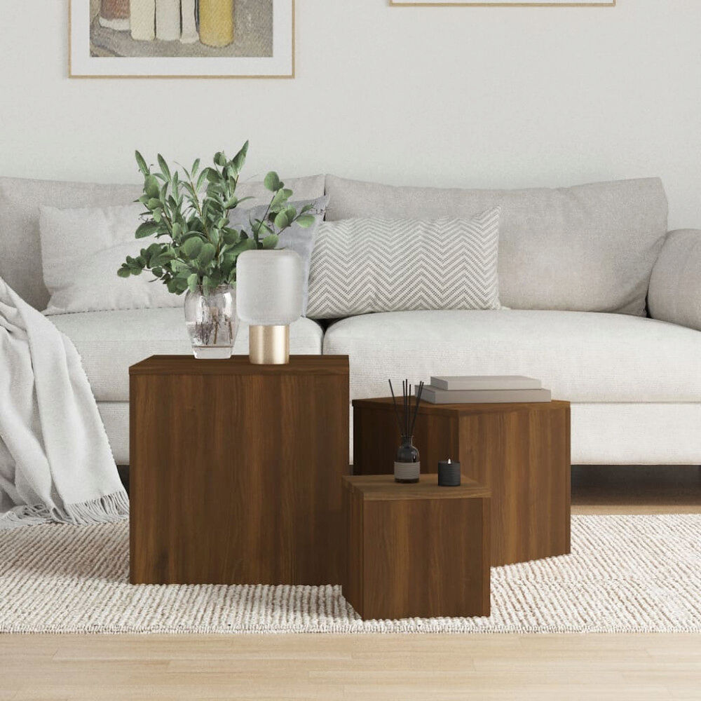 vidaXL Sidobord 3 st brun ek konstruerat trä