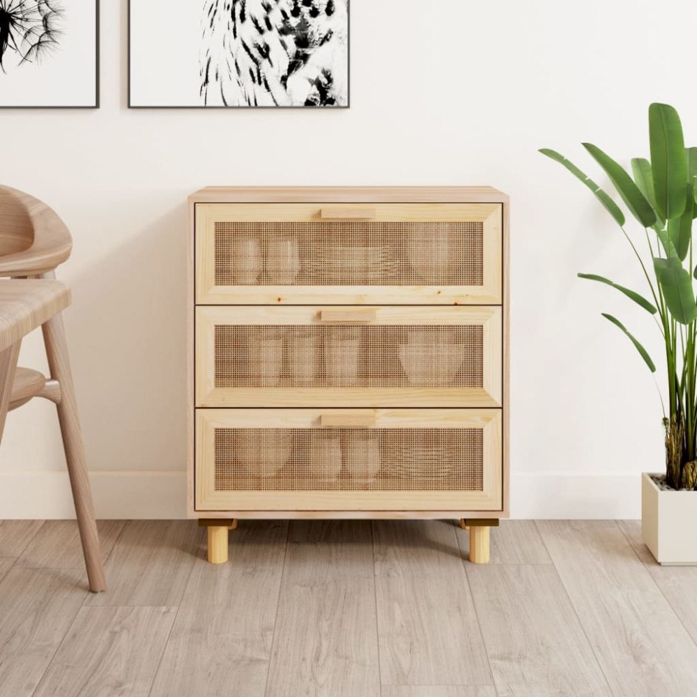 vidaXL Skänk brun 60x30x70 cm massiv furu och naturlig rotting