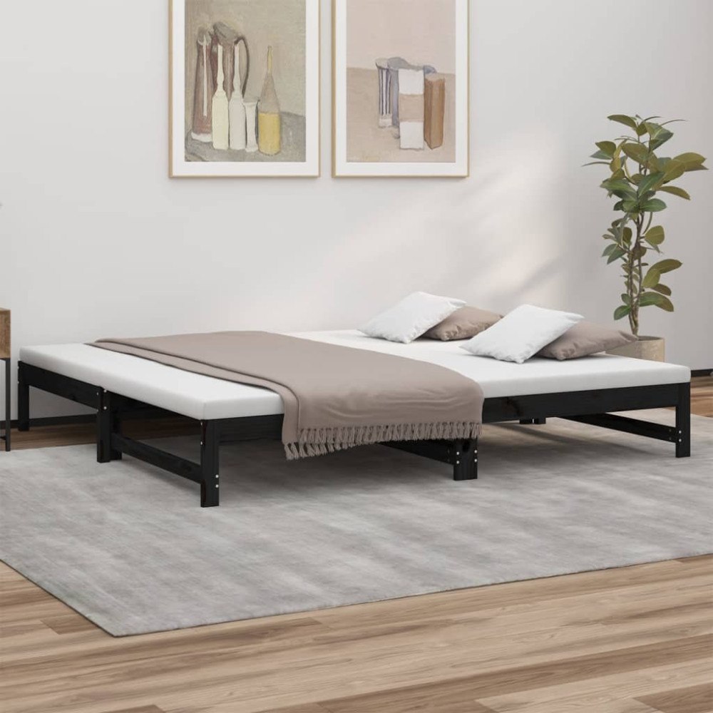 vidaXL Utdragbar dagbädd svart 2x(100x200) cm massiv furu