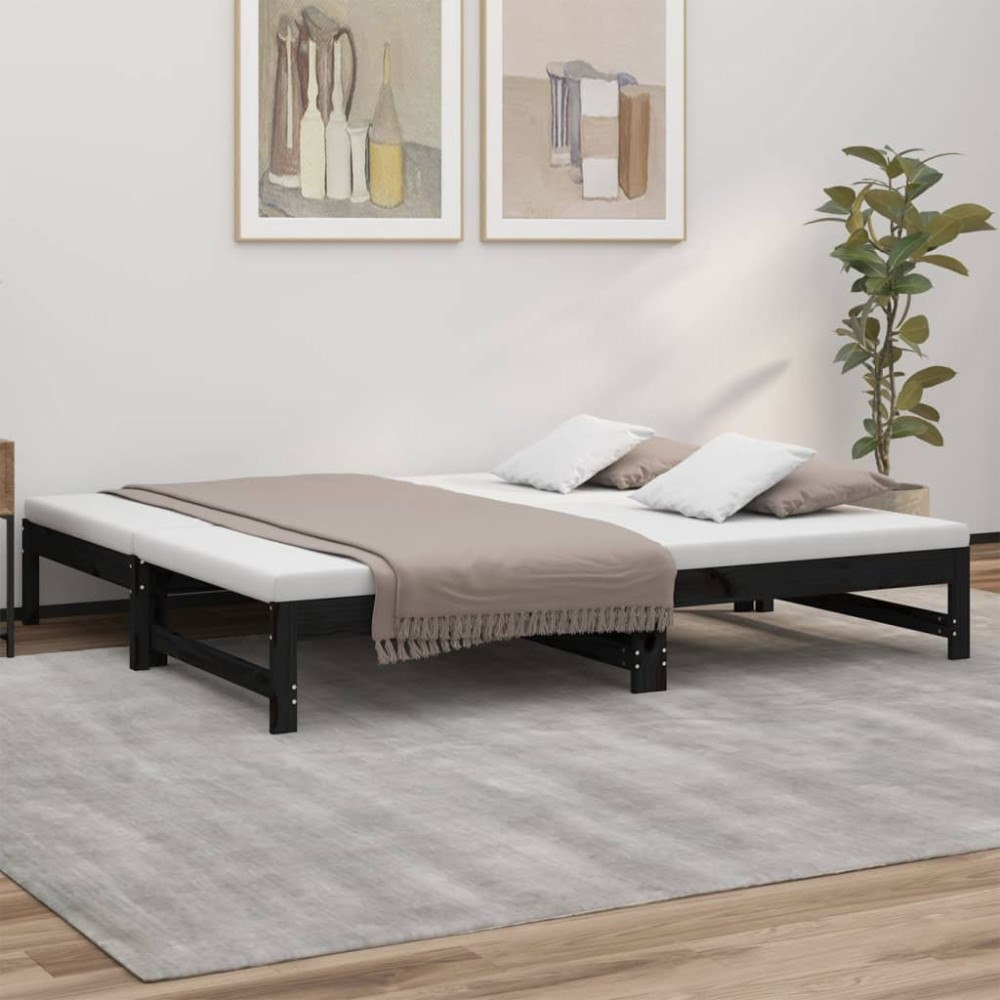 vidaXL Utdragbar dagbädd svart 2x(90x190) cm massiv furu