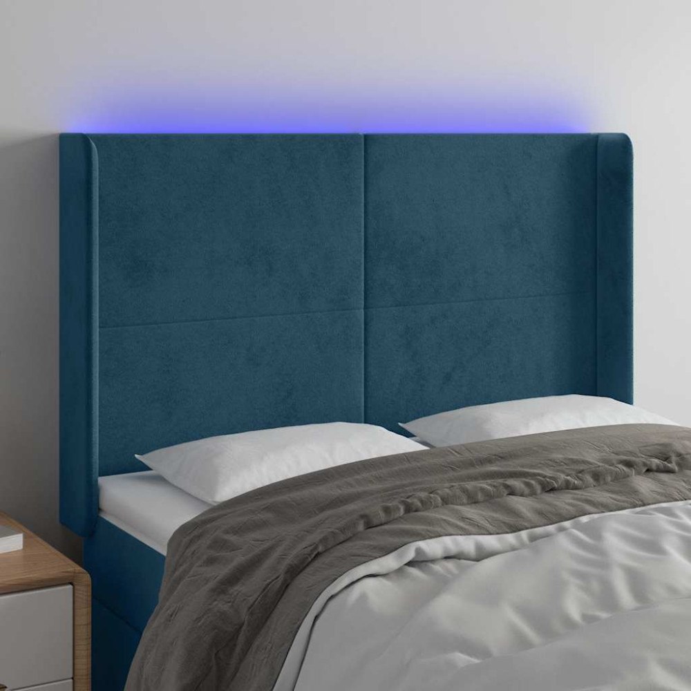 vidaXL Sänggavel LED blå 147x16x118/128 cm sammet